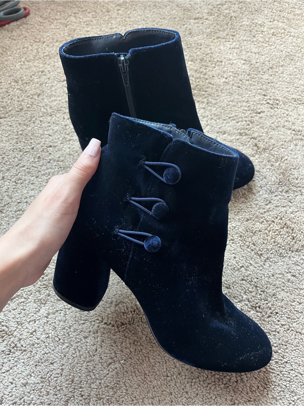 Nine West Navy Velvet Button-Accent Block Heel Ankle Boots